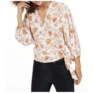 1. STATE Blouse Womens Large White Floral Wrap Tie Waist V Neck 3/4 Sleeve Top